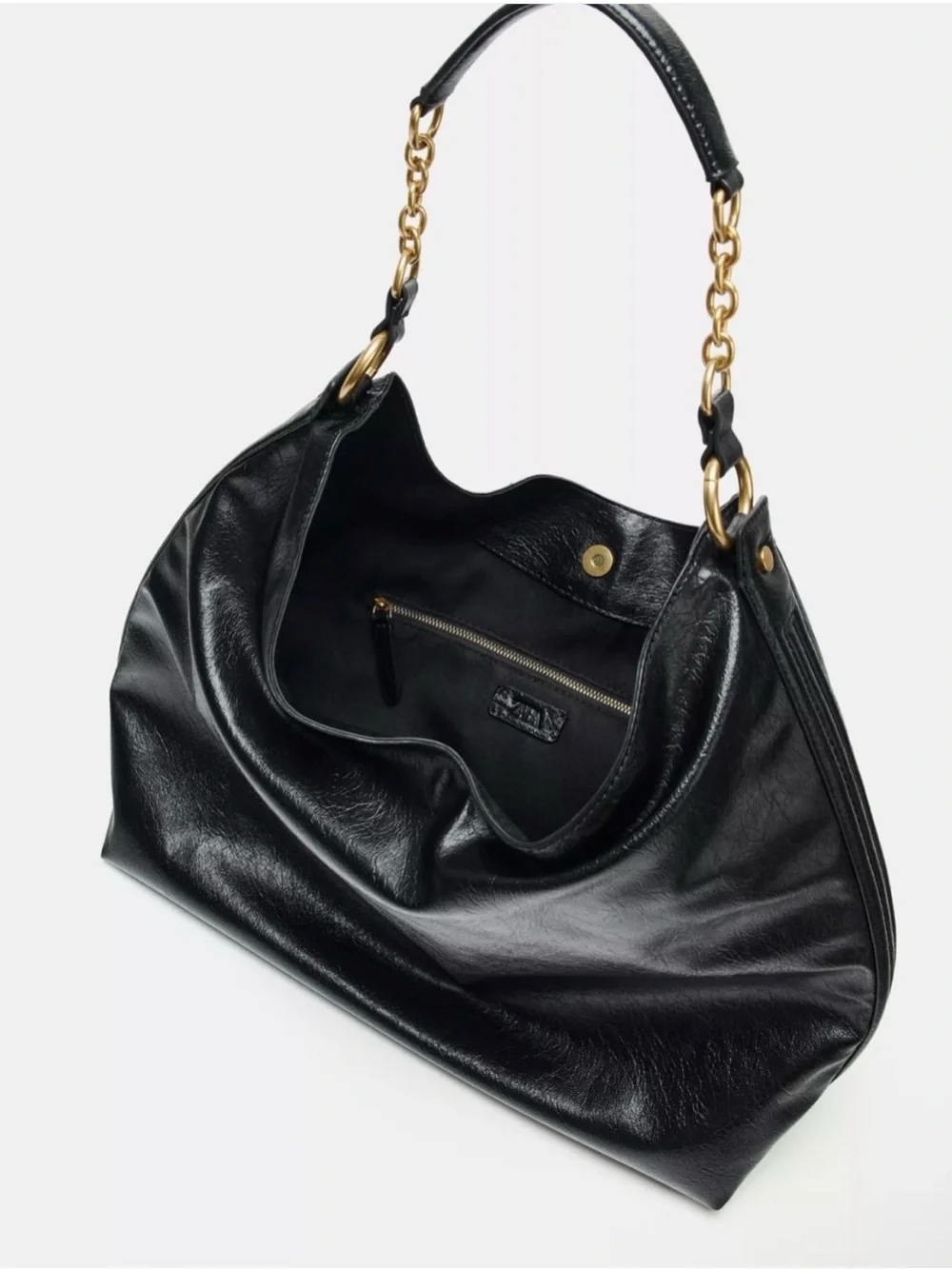 ZARA FR Black Hobo Bag with Gold Chain Accent